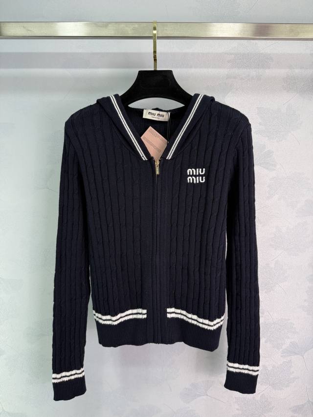Miu navy blue hooded knit cardigan features white logo embroidery on the chest,