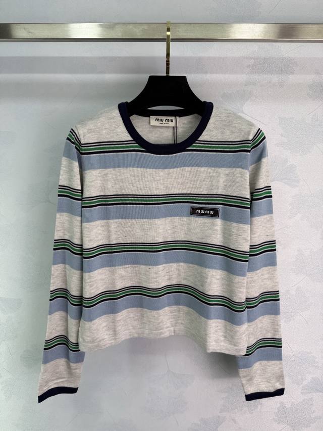 Miumi*'s latest 2025 Early Fall collection! Crew-neck knitted striped long sleev