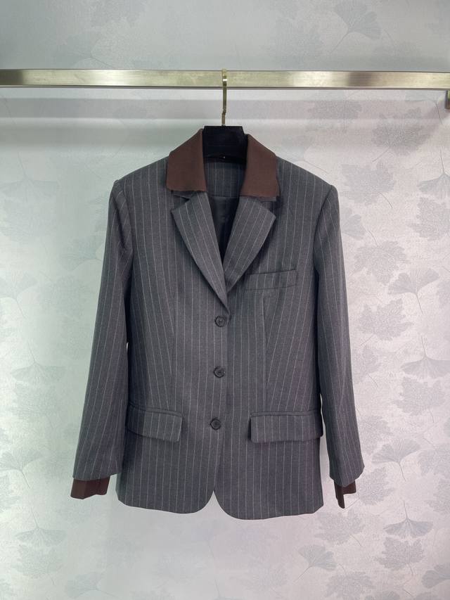 Miumi*2025 new striped blazer, custom-made from imported YB 100% imitation wool,