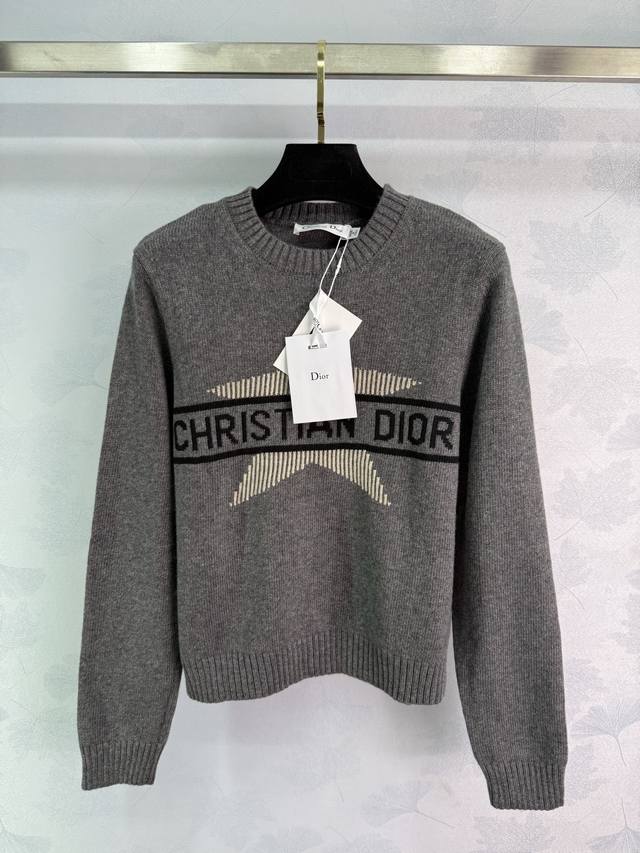 Dio*25 New knitted round neck long sleeves with star letters in gray tones, simp