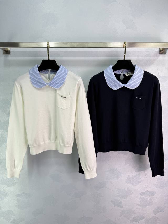Miu*25 new contrast color doll collar knitted long sleeve simple version necklin