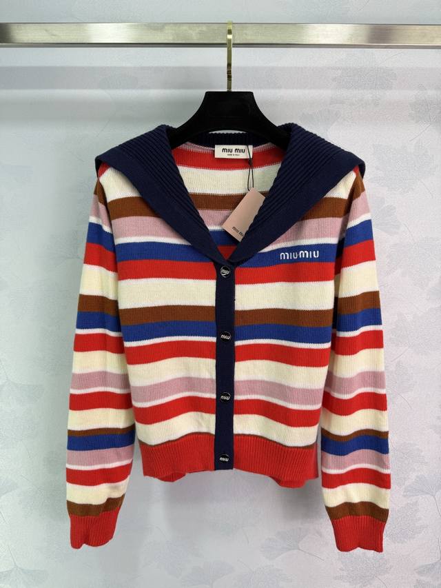 Miu*25 Early Fall new navy collar striped knitted cardigan. Red, white, and blue