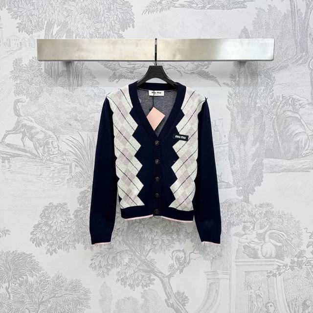 Miumi*2025 New Arrival Diamond-Checkered Knit Cardigan Custom Made YB Imported K