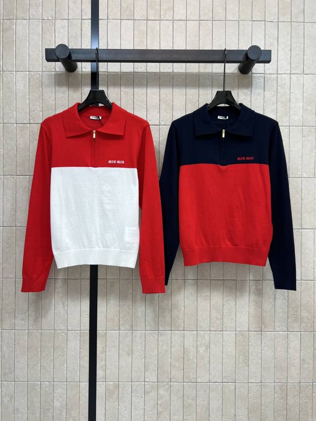 Miu's new early autumn 25 color-block knitted Polo long-sleeved shirt, preppy st