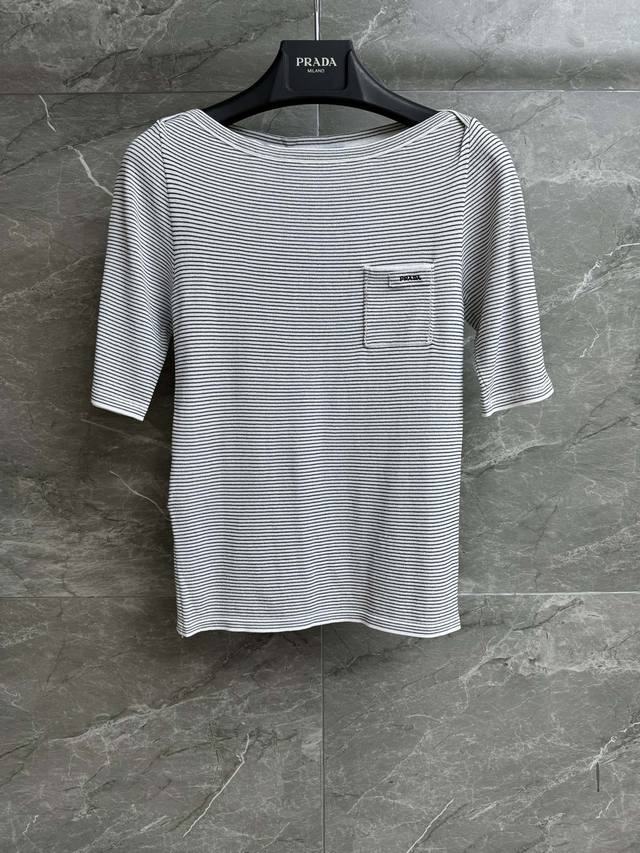 High-end version shipped P striped knit top 2025 summer series one-shoulder nec