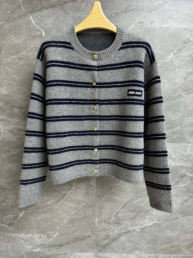 Early Fall New Arrivals Miu Grey Striped Cardigan 2025 Fall/Winter Collection R