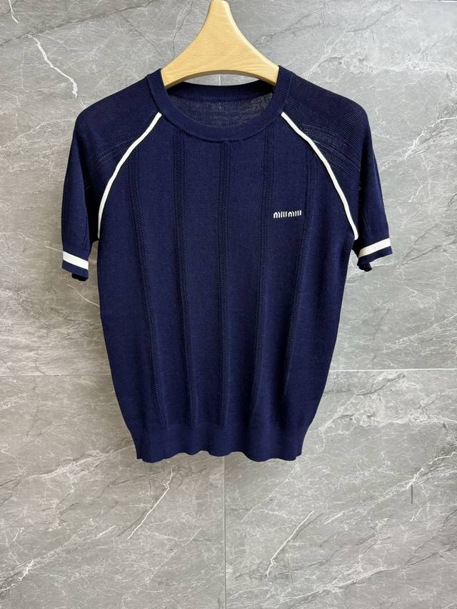 High version shipped Miu navy blue knitted short sleeve 2025 summer series roun