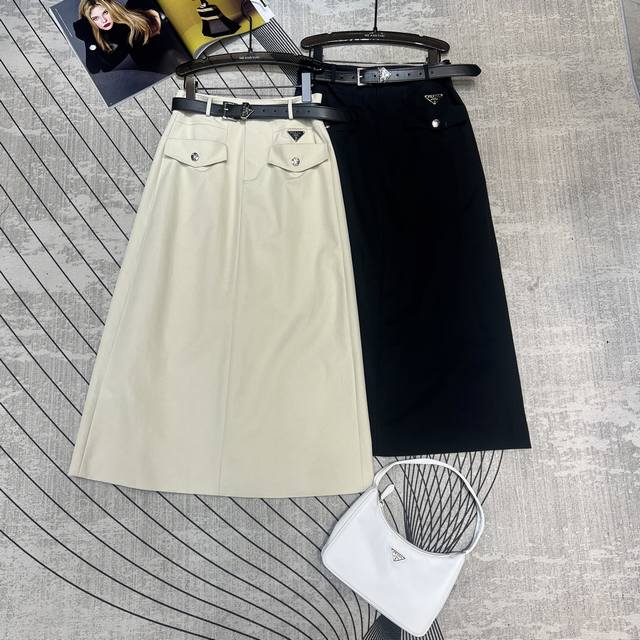 Pr141 Prada 2025 summer new style skirt, 1-line version with leather belt waist