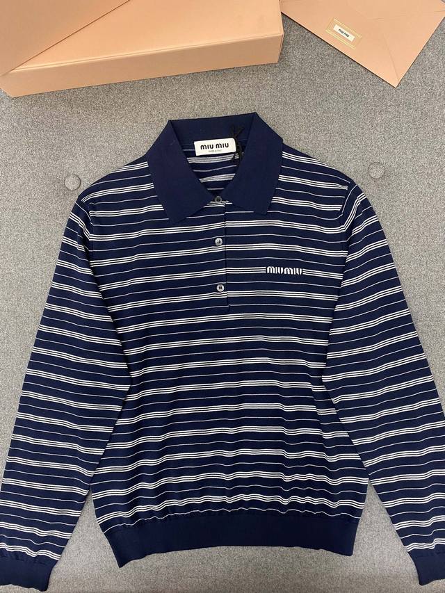 Striped cotton knitted polo shirt Miu's fashionable intellectual wear item is h