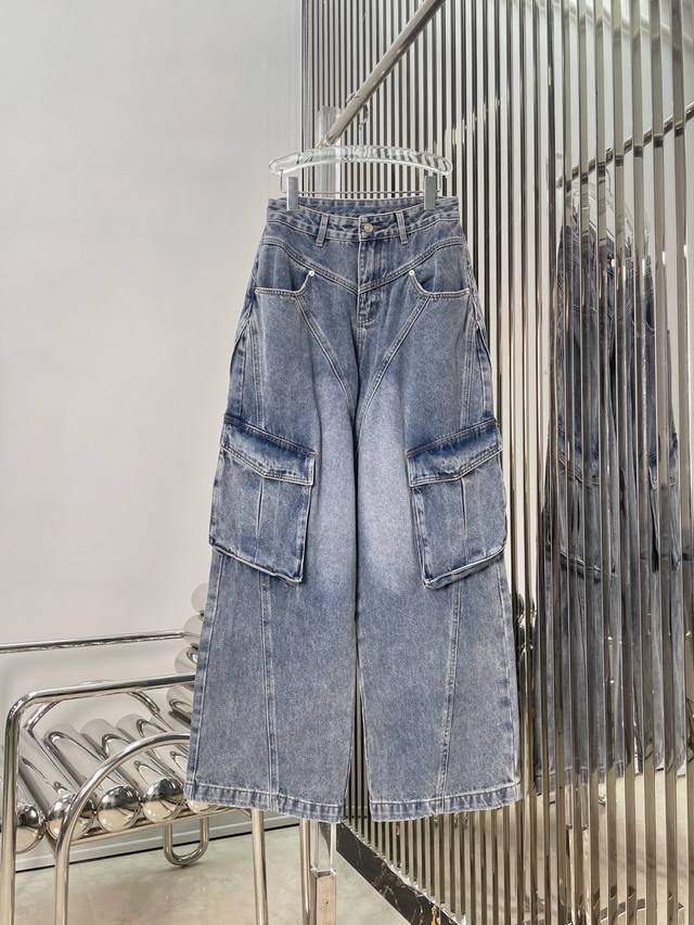 Actual photos of the latest Ann 25New large pocket distressed washed work jeans