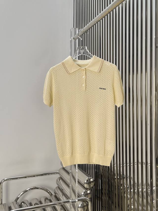 Actual photos of the latest Miu 25New hollow knitted Polo short-sleeved top Siz