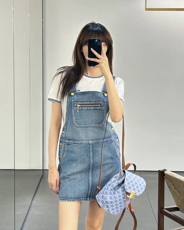New Ce 25New Arc de Triomphe washed distressed denim overalls dress Sizes: Sml