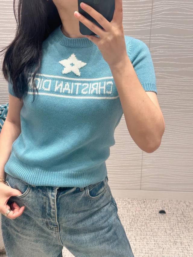 Newest D 25New Five-pointed star letter jacquard short-sleeved knitted top Colo