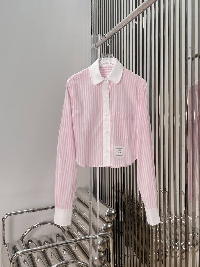 Real photos latest Tb 25New pink yarn-dyed white collar stitching striped shirt