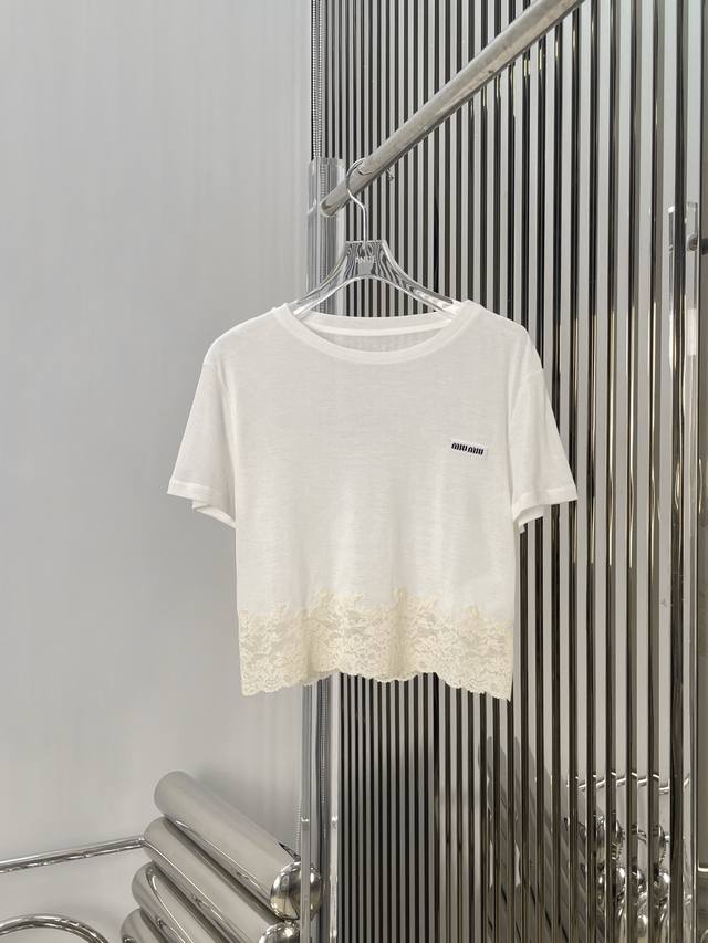 Real photos of the latest Miu 25New custom lace stitching round neck short-sleev