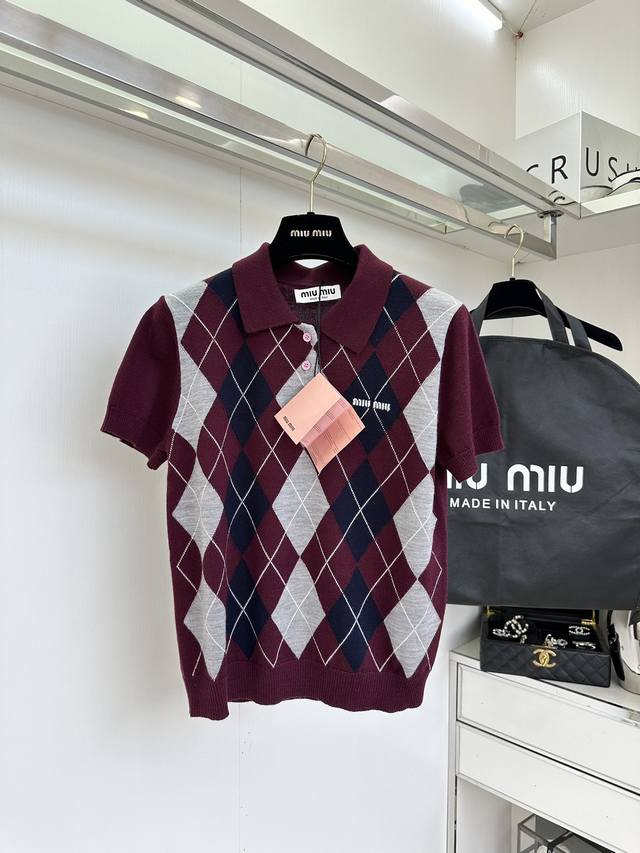 25 F New early autumn contrast color diamond knit short-sleeved Polo shirt Yb de