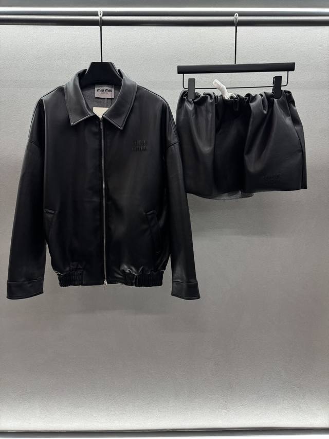 2025 Autumn And Winter Jacket Skirt Miumi*, protein leather jacket with matching