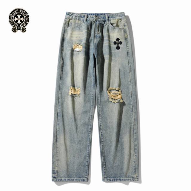 New Chrome Hearts Autumn 25 High Street Leather Embroidered Cross Casual Jeans.