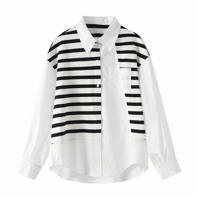 Sandro shirt black and white striped patchwork shirt women's design loose shirt