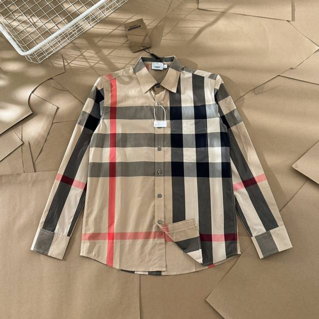 Top version Burberry Bbr classic large plaid long-sleeved red striped shirt B15,