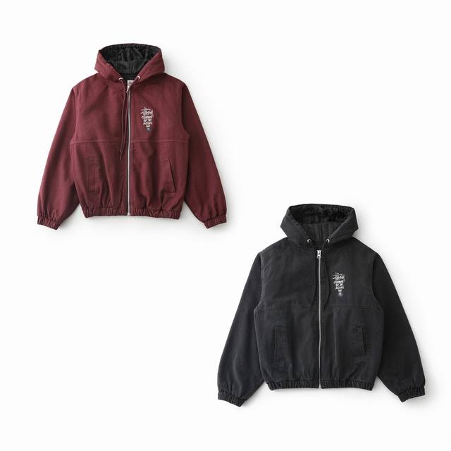 Stussy washed distressed black 8 embroidered logo jacket zippered cotton coatThe