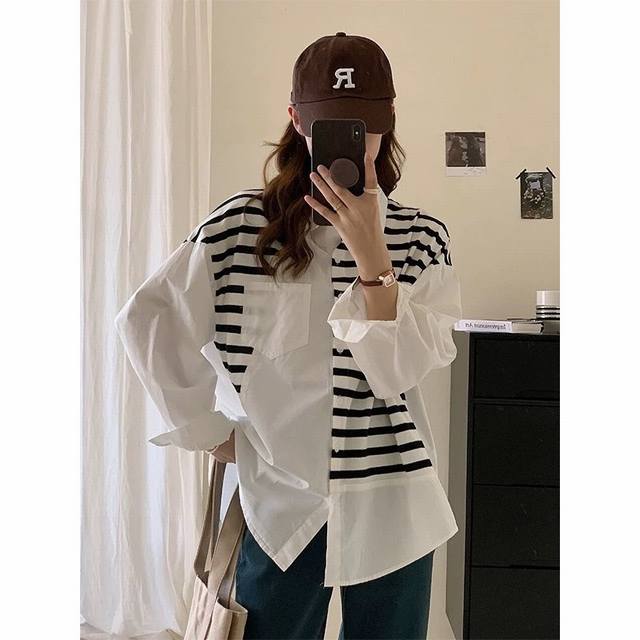 Sandro shirt black and white striped patchwork shirt women's design loose shirt