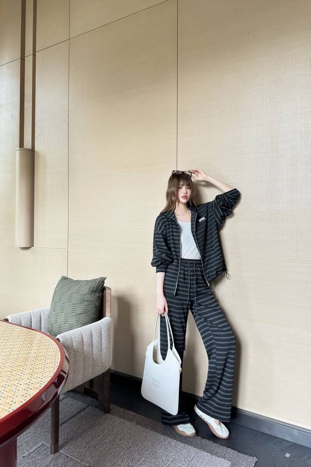 Miumiu Miu Miu* micro-logo striped zipper hooded jacket + trousers set. The blac