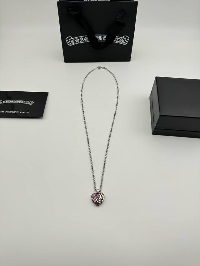 Chrome Hearts Pink Heart Necklace with Pearl Chain and Full PackagingDifferentia