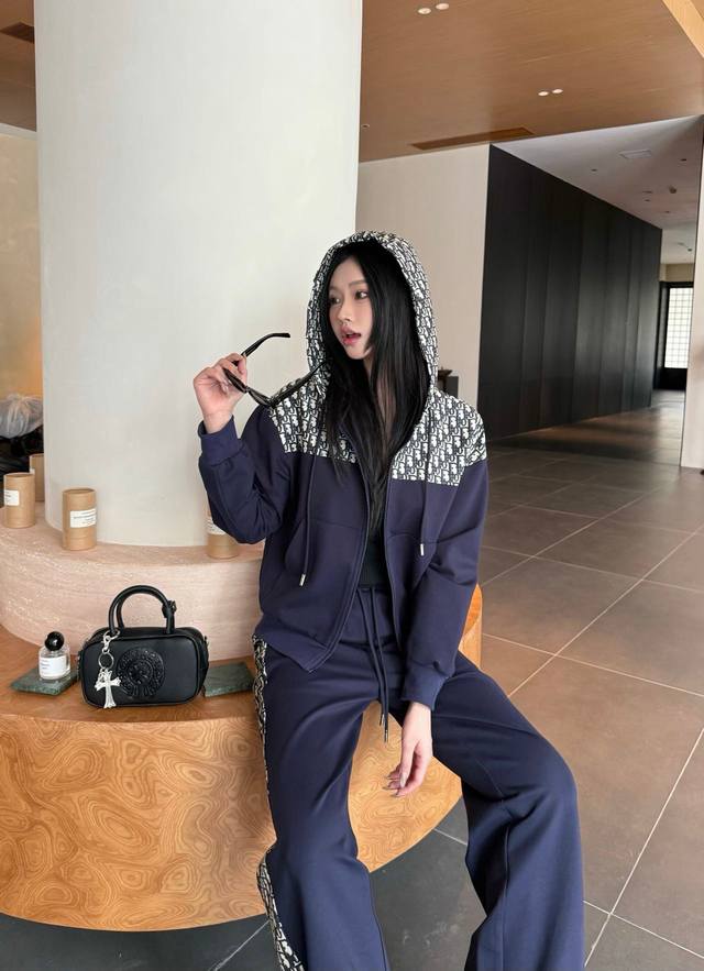 New set Cd Classic Logo splicing casual sweatshirt set Hooded sweatshirt jacket