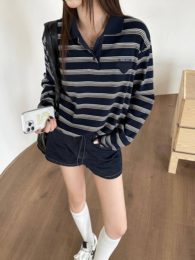 New arrival! Prada's new 2025Ss striped polo top with a Korean-inspired look. S