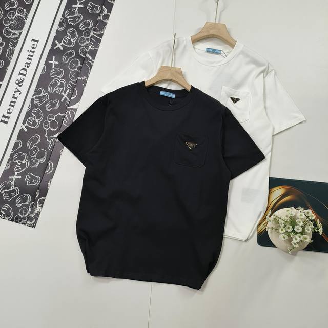 Sizes Xs-L Popular Prada 2025 Ss triangle logo pocket short-sleeved T-shirt This