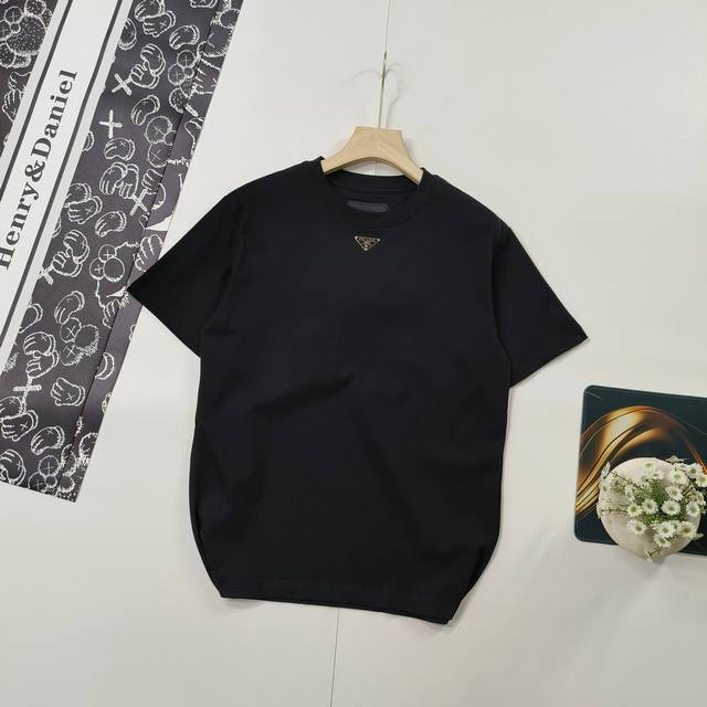 Sizes Xs-L Popular Prada 2025 Ss new triangle neckline steel label short-sleeved