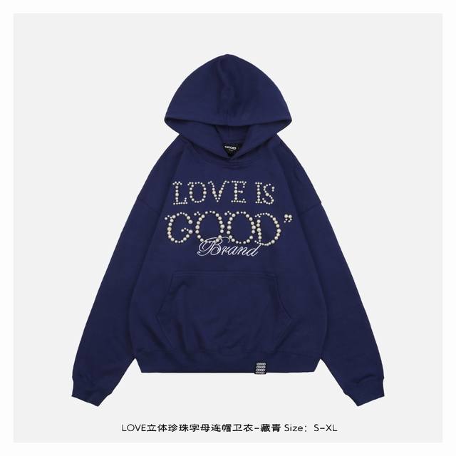 Good Brand 25Fw Love 3D Pearl Letter Hooded Sweatshirt - Navy The fabric is made