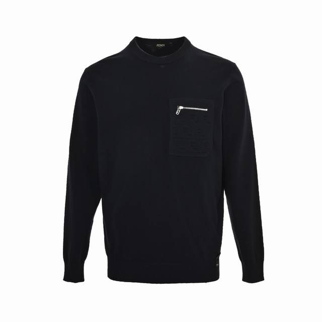 Fendi 24Fw Embossed Pocket Navy Blue Crewneck SweaterMade of high-quality wool y