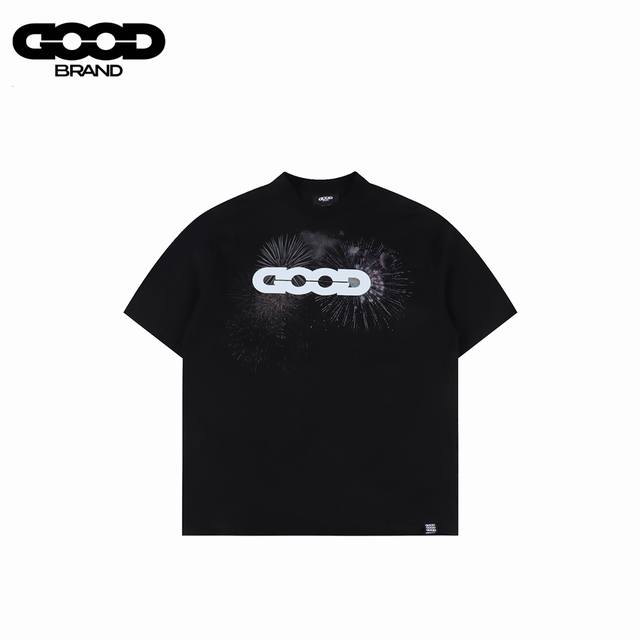 Goodbrand SS25 Fireworks Logo Short-Sleeve T-Shirt features a custom-dyed terry