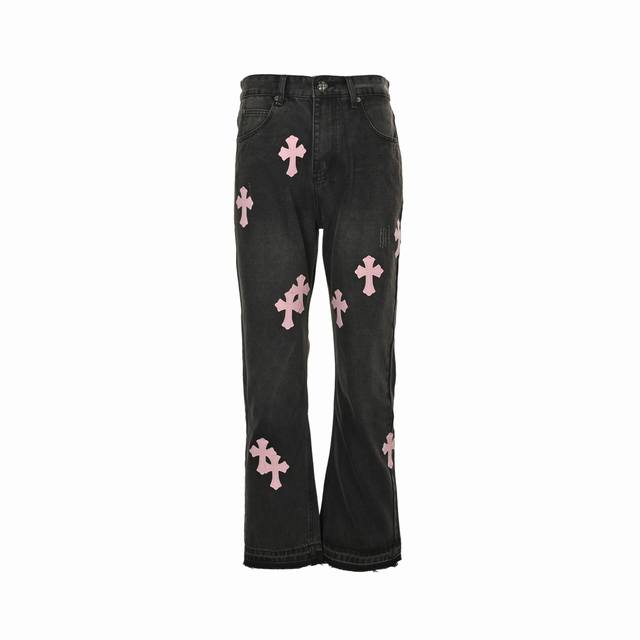 Chrome Hearts Pink Leather Cross Patch JeansCountertop W-grade, with patchwork a