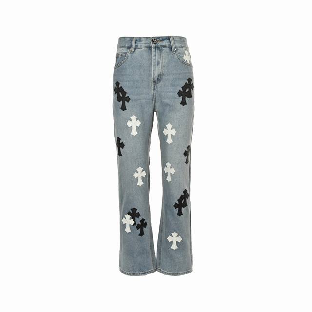 Chrome Hearts black and white cross-patched jeans. Priced around ?200,000, these