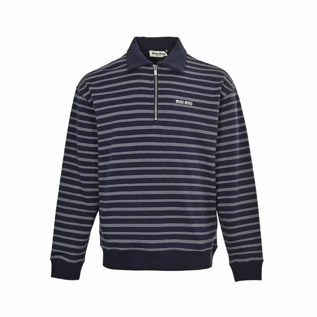 Miu Miu 25Fw small logo striped half-zip polo sweatshirtAuthentic 14700 purchase