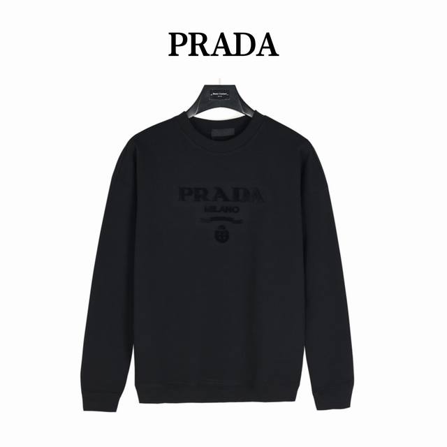 prada 24Fw round neck sweatshirt with dark toothbrush embroidered logo. Made in