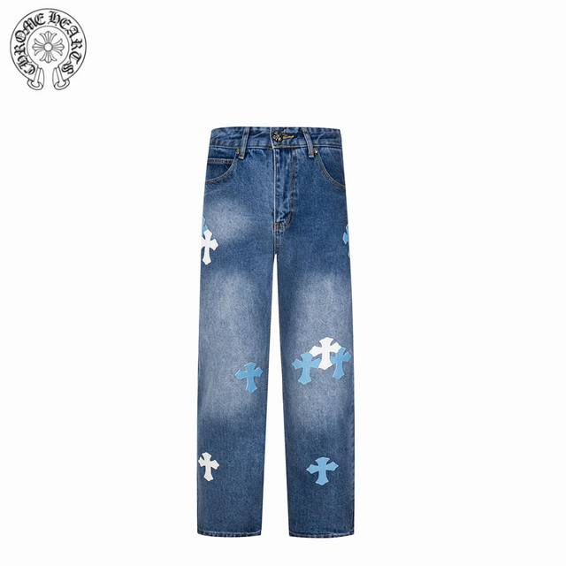 Chrome Hearts 25Ss Light Blue Jeans with Sanskrit Blue and White Leather. . All