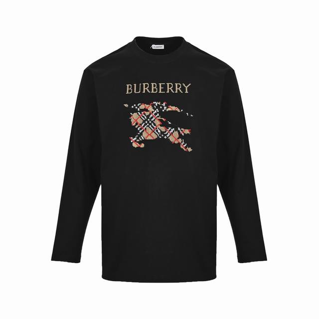 Burberry Plaid War Horse Embroidered Long-Sleeved T-shirt is made of custom fabr