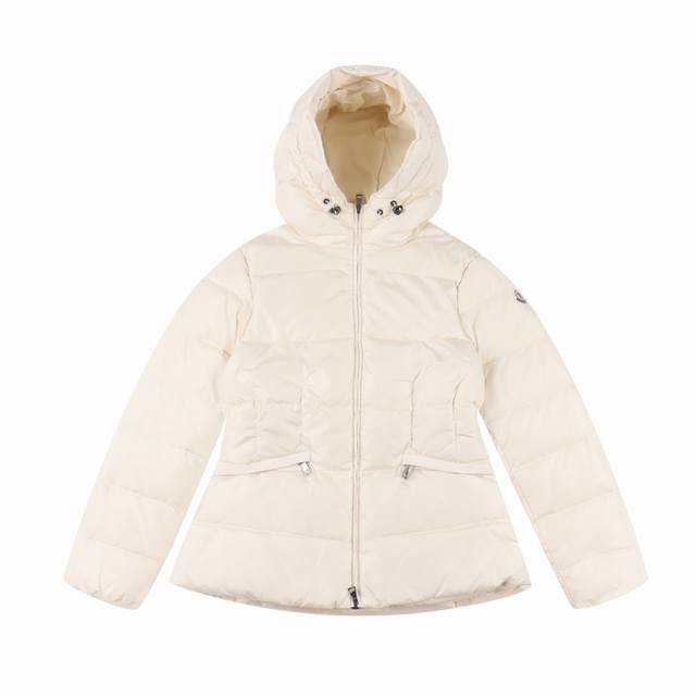 Moncler Avoce waist-cinching short down jacket. Filled with 90% white duck down