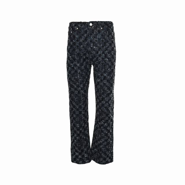 Louis Vuitton tassel flocked all-over crochet logo jeans. Available in different