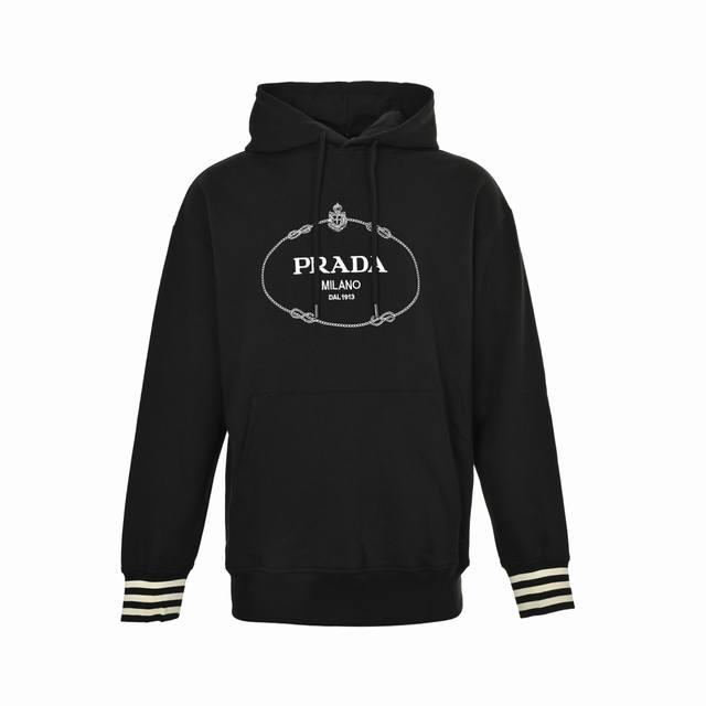 Prada 25Fw logo-embroidered cuff-striped hooded sweatshirt. Made of heavyweight