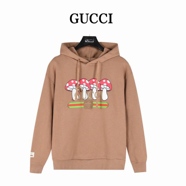 Gucci embroidered lettering and flocked mushroom hooded sweatshirt. Fashionably