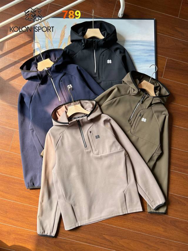 Color: black, army green, dark blue, khaki Kolon outdoor sports half-zip hooded