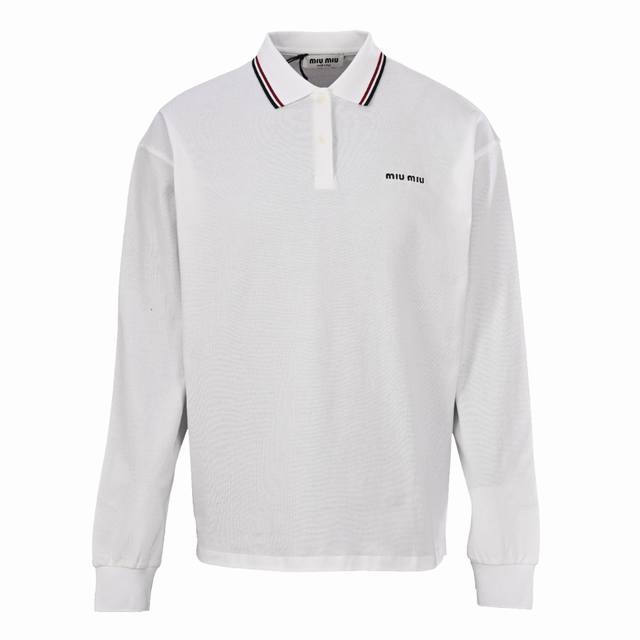 Miu Miu Mm embroidered lettering red striped collar long-sleeved polo shirtAuthe