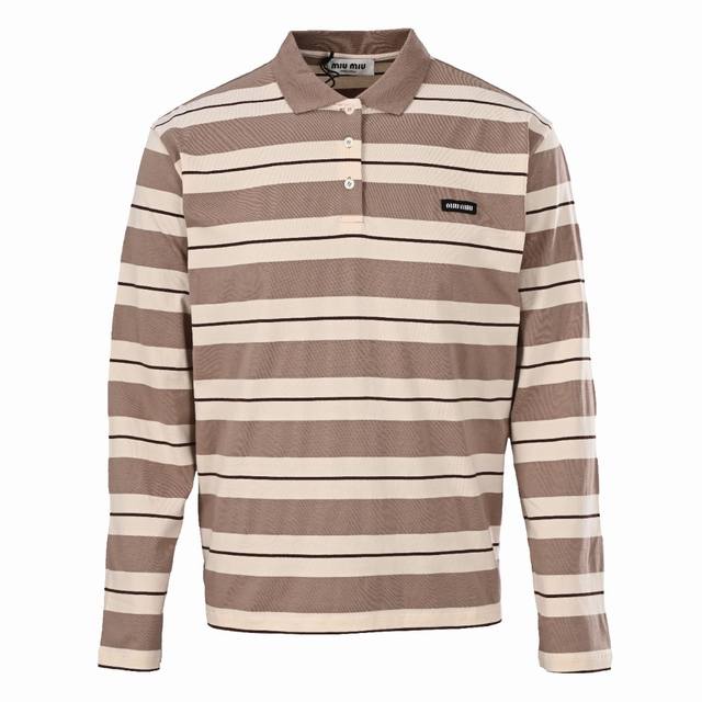Miu Miu Mm yellow striped cotton jersey long-sleeved polo shirtAuthentic 9868 pu