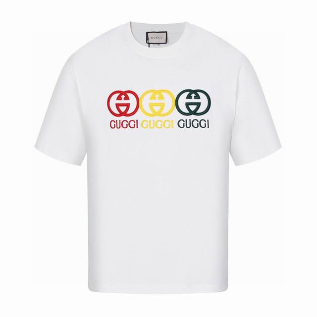 Gucci summer new red, yellow and green embroidered letter round neck short-sleev