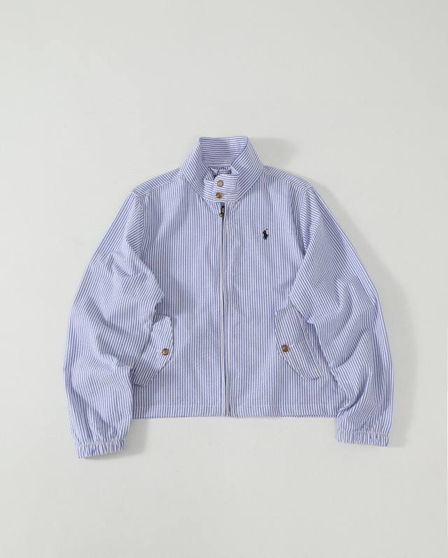 Offers a Polo Ralph Lauren stand-up collar, zippered straight-cut, long-sleeved